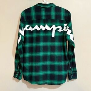 Champion Logo Back Mr. MK Green & Black Plaid Flannel Button Down Shirt - Size S